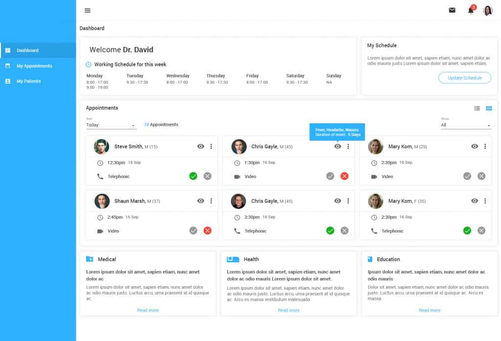 telemedicine app dashboard